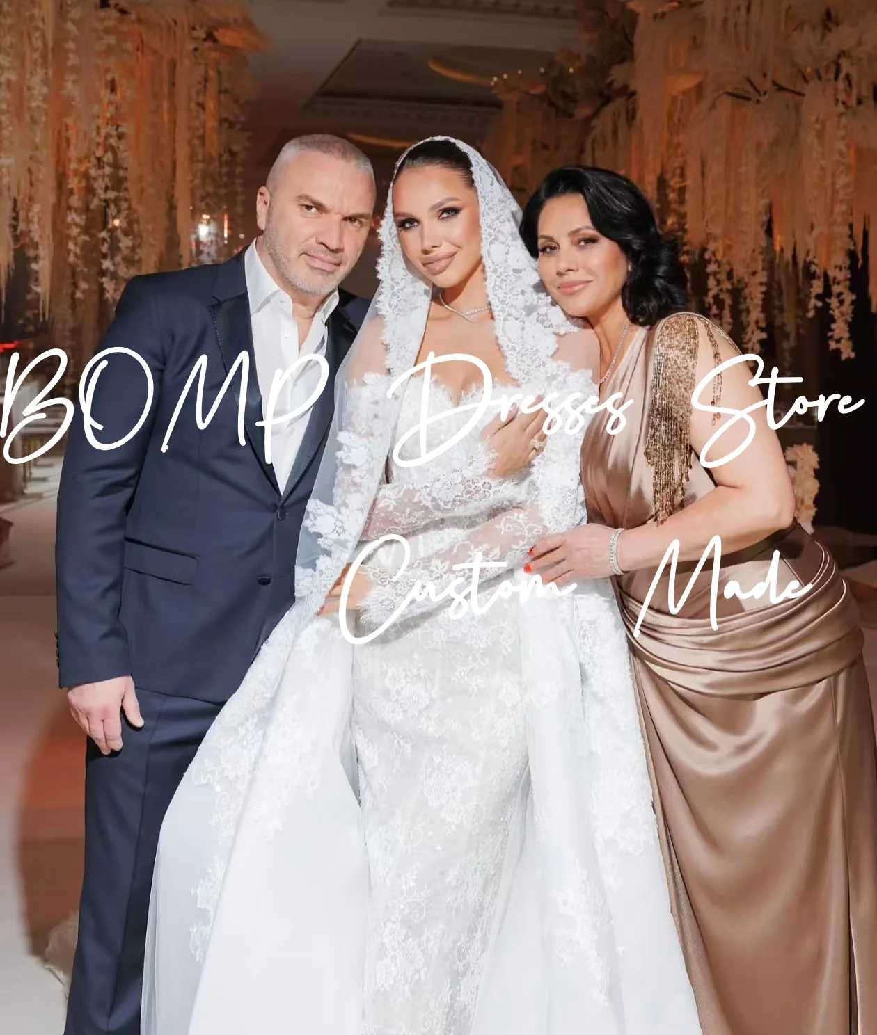 Suknia ślubna BOMP w stylu vintage, biała koronka, dekolt w serduszko, odkryte ramiona, długie rękawy, plisowana, krój syreny, suknia ślubna szyta na miarę, Vestido de novia