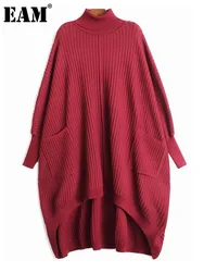 [EAM] Women Wine Red Back Long Knitting Big Size Long  Dress New Turtleneck Long Sleeve Fashion Tide Spring Autumn 2024  1DH6705