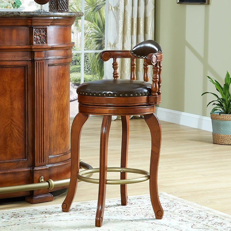 

Solid wood bar chair Home high chair Rotating backrest stool Restaurant European leather chair
