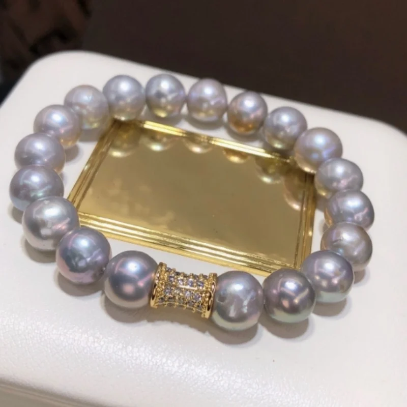 Beautiful AAAAA 6-7 mm freshwater gray round pearl bracelet 925 sterling silver buckle elegant jewelry accessory