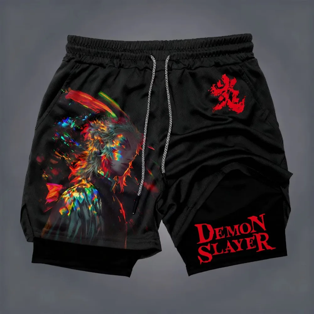 Pantalones cortos Demon Slayer de doble capa para hombre Tengen Uzui, pantalones cortos deportivos de dos piezas falsos de Anime japonés de verano, pantalones cortos de secado rápido para Fitness
