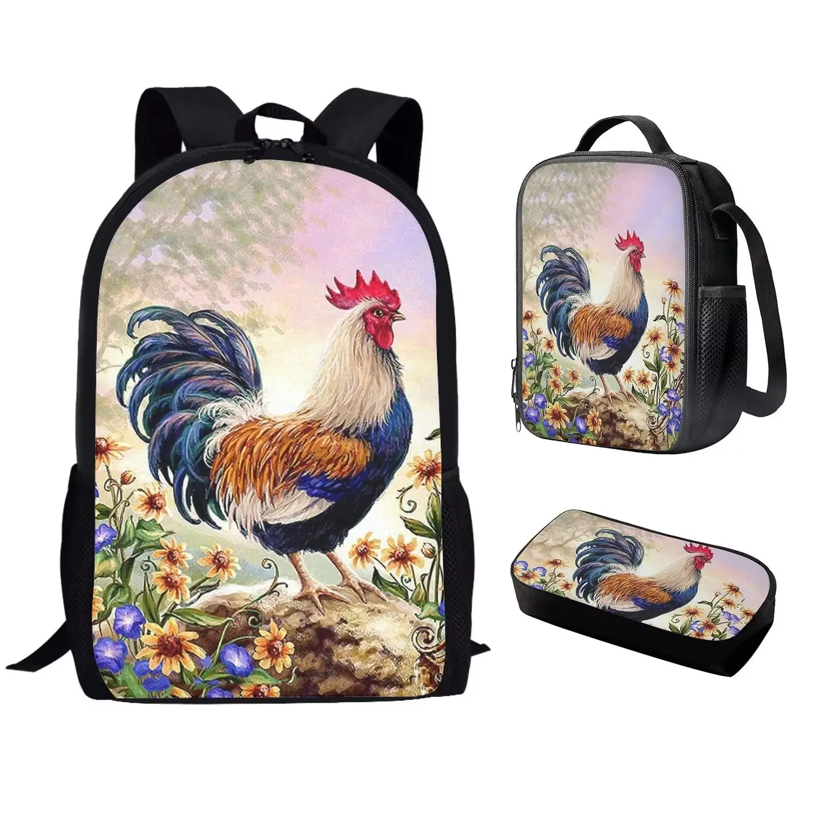 

Sunflower Chicken Backpack Set with Lunch Box for Girls Boys Kid Rooster Bookbags Elementary School Bag Teenager Casual Daypack