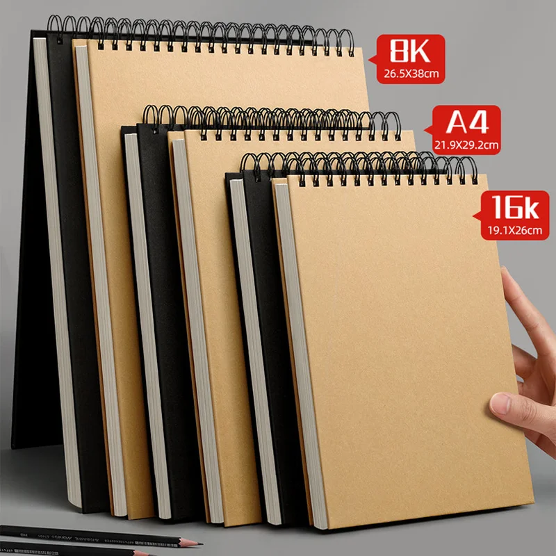 Spiral Sketchbook Art Notebook Kraft Paper Blank 160GSM Hard Cover School Supplies Pencil Drawing Notepad Stationary