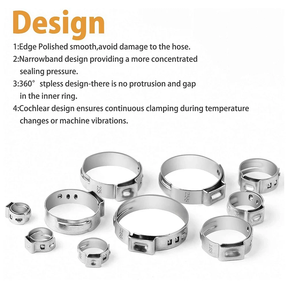 115Pcs 304 Stainless Steel Single Ear Hose Clamp 6-28.6mm Single Ear Hoop Combination with Pliers Hose Clamp Pliers