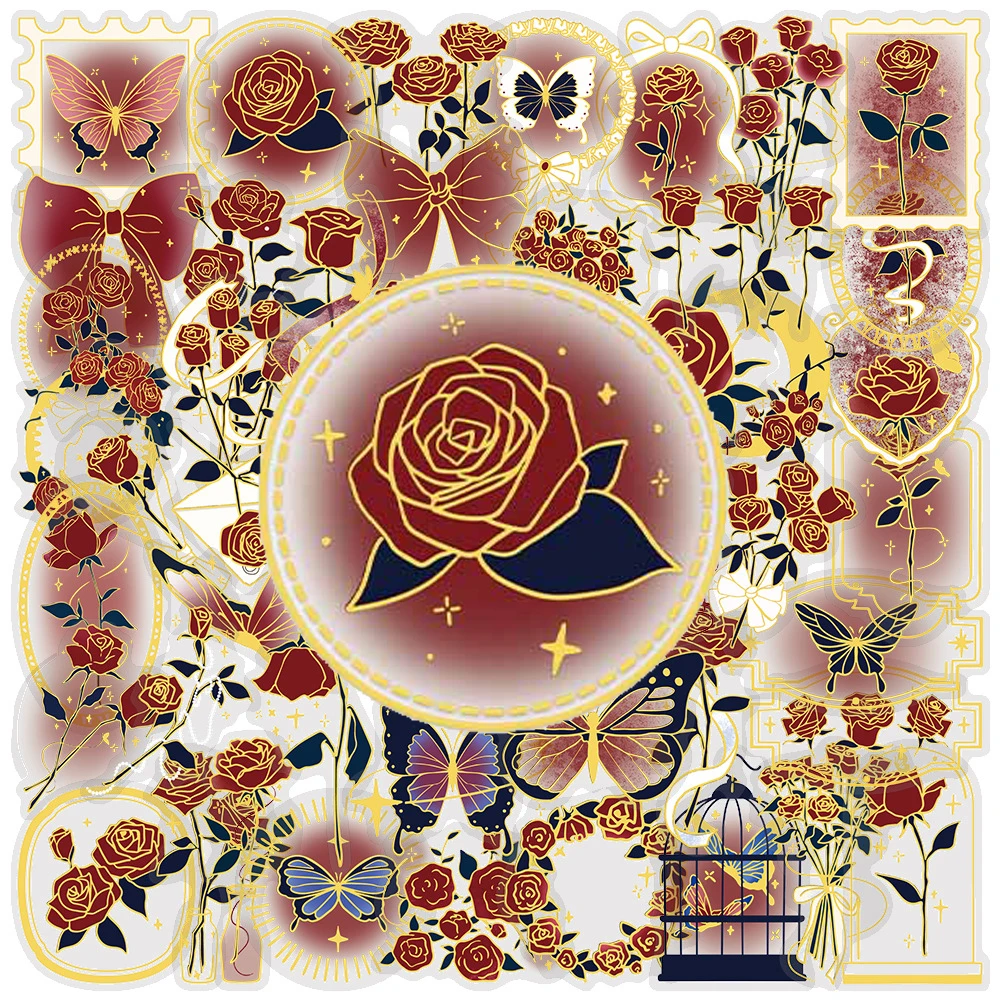 

10/30/50pcs Cute Aesthetic Gold Rim Rose Flowers Stickers Vintage Cartoon Art Sticker DIY Guitar Laptop Helmet PET Sticker Decor