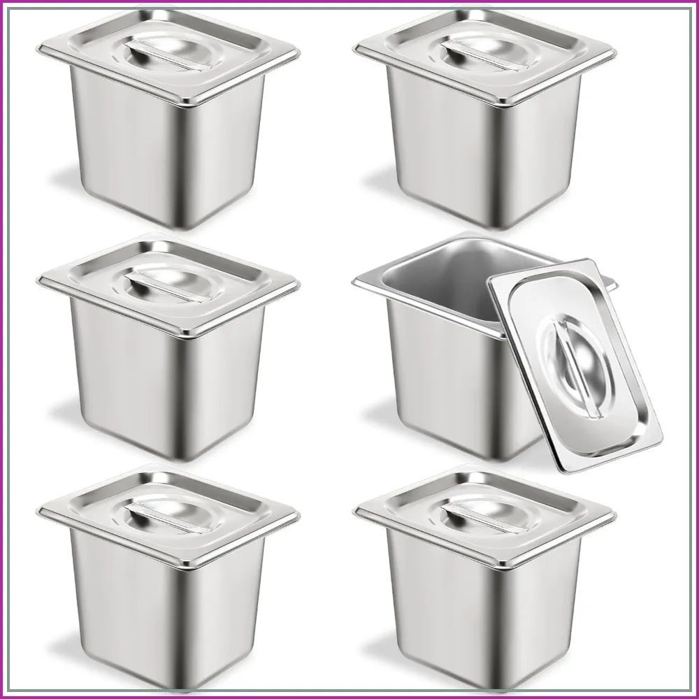 

6 Set 1/6 Size 6 Inch Deep Stainless Steel Hotel Pans with Lids, Anti-Jam Steam Table Pans for Catering Food Storage