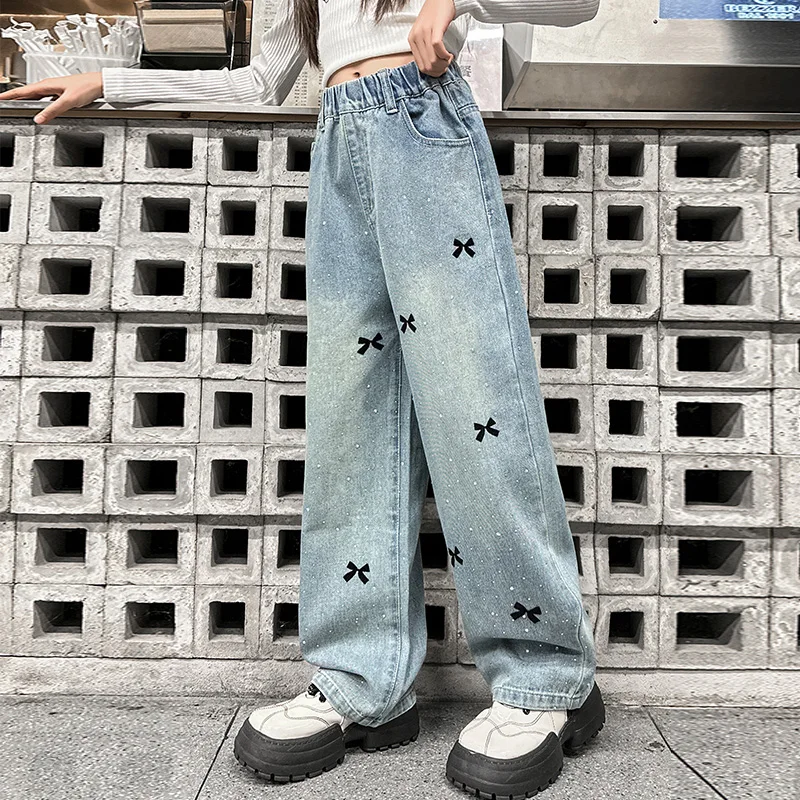 Child Autumn Winter Crystal Jeans with Bow for Girls Fleece Insulated Denim Pants Kids Thick Thermal Trousers 5 7 9 11 13 14 Y