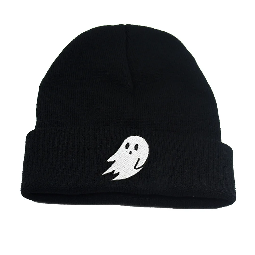 1-piece men's black bean hat Halloween ghost embroidery acrylic soft winter hat