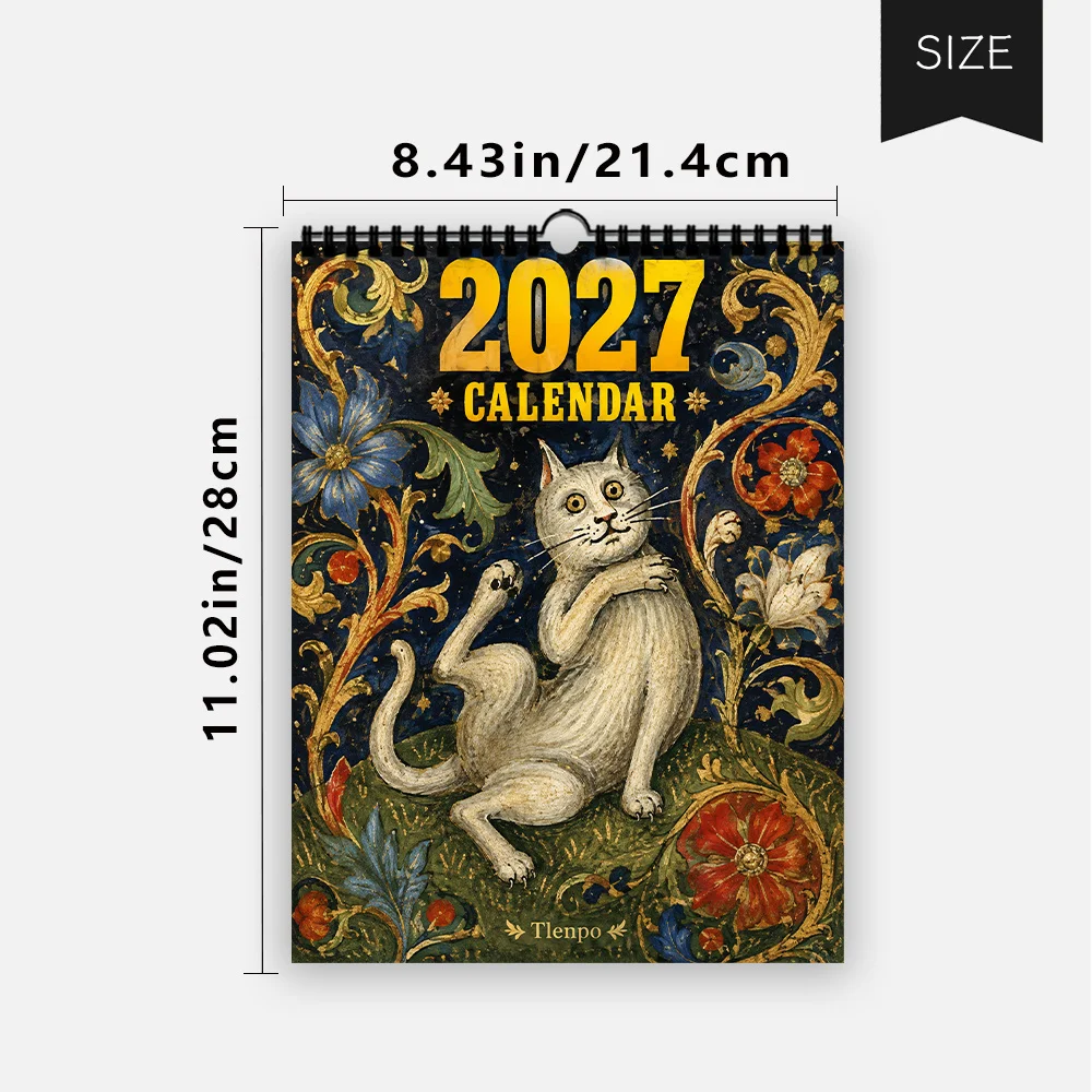 1pc 2027 Medieval Vintage Cat Wall Calendar,12‑Month Planner,Gift For ,Christmas,Halloween,New Year,Free Stickers Included