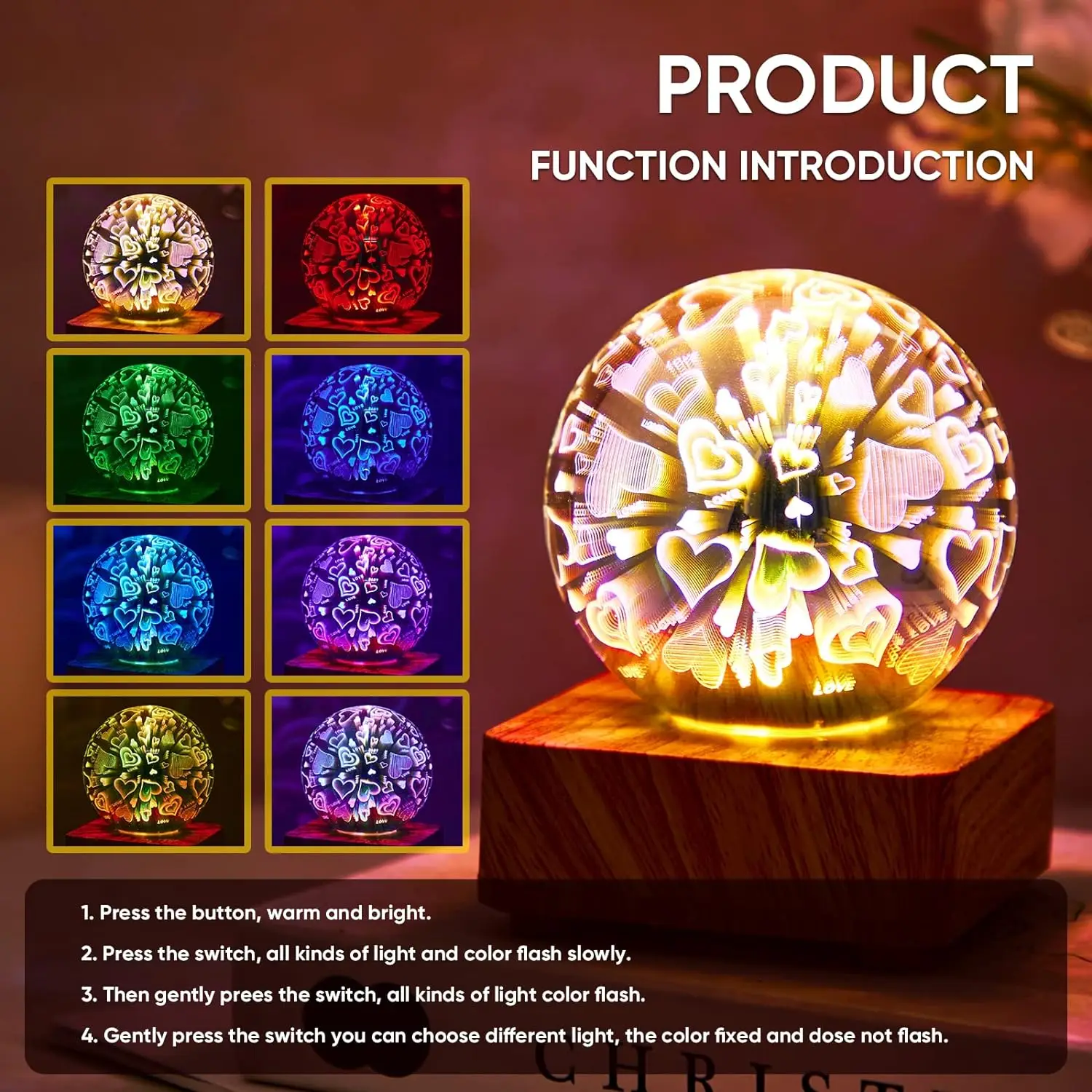 3D Firework Night Light Star Projection Effect LED Colorful Lamp for Home Decor Magic Crystal Glass Three-Dimensional Variable C