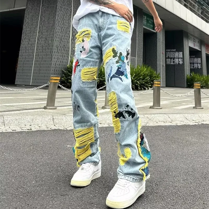 2023 Ropa Grunge Y2K Streetwear Baggy Stacked Ripped Jeans Pants Men Clothing Graphic Embroidery Hip Hop Denim Trousers Pantalon