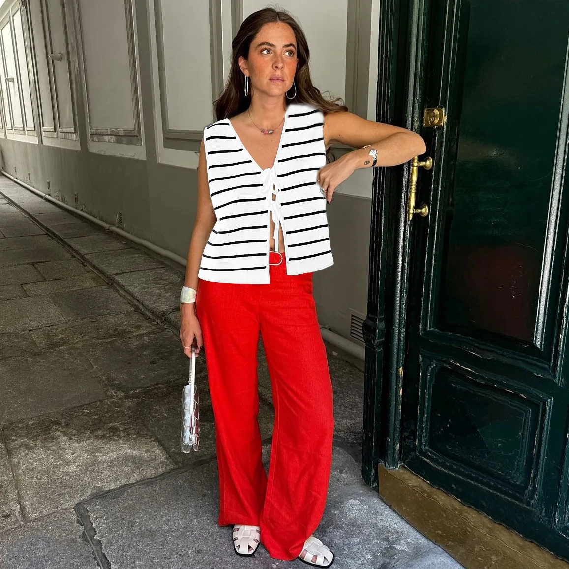 

Elegant Loose Lace Up Tops Women's V Neck Oversize Top Female Clothes Sleeveless Shirt Red White Black Patchwork Shirts Summer