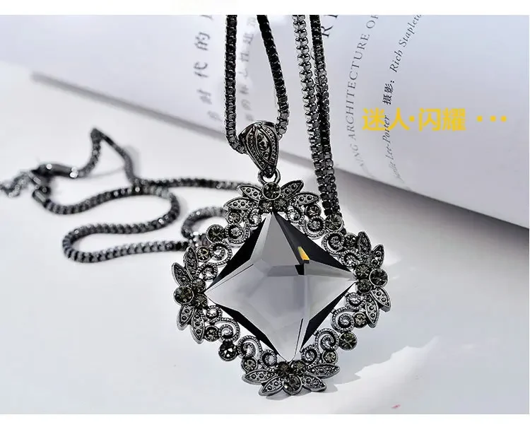 Vintage Initial Crystal Square Long Pendant Necklace Women New Fashion Jewelry Wholesale Sweater Necklaces