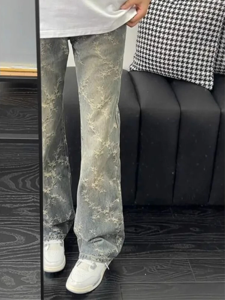 Blue Lightning Thorn Jacquard Jeans Men's American Vibe Slim Straight Streetwear High Street Slight Flare Pants