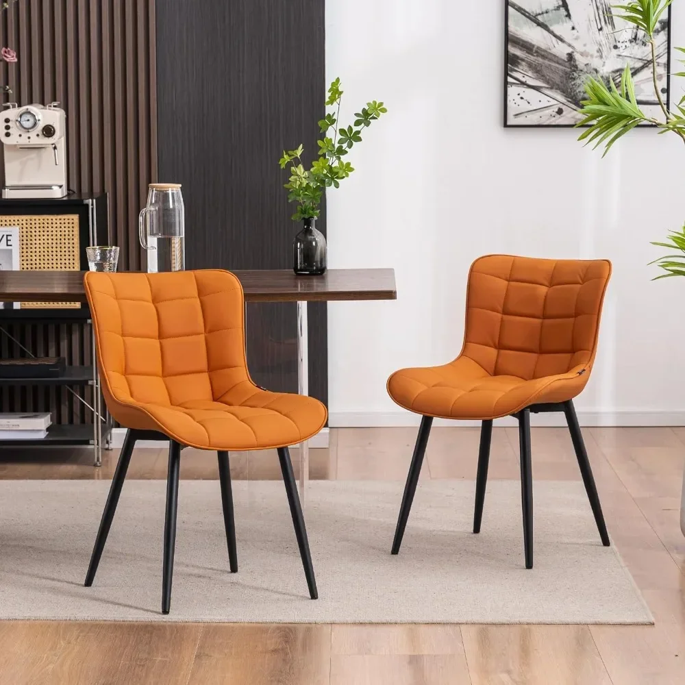 Modern dining chairs, 2 PU leather cushions with back metal legs, dining table features, orange camel color, dining chairs