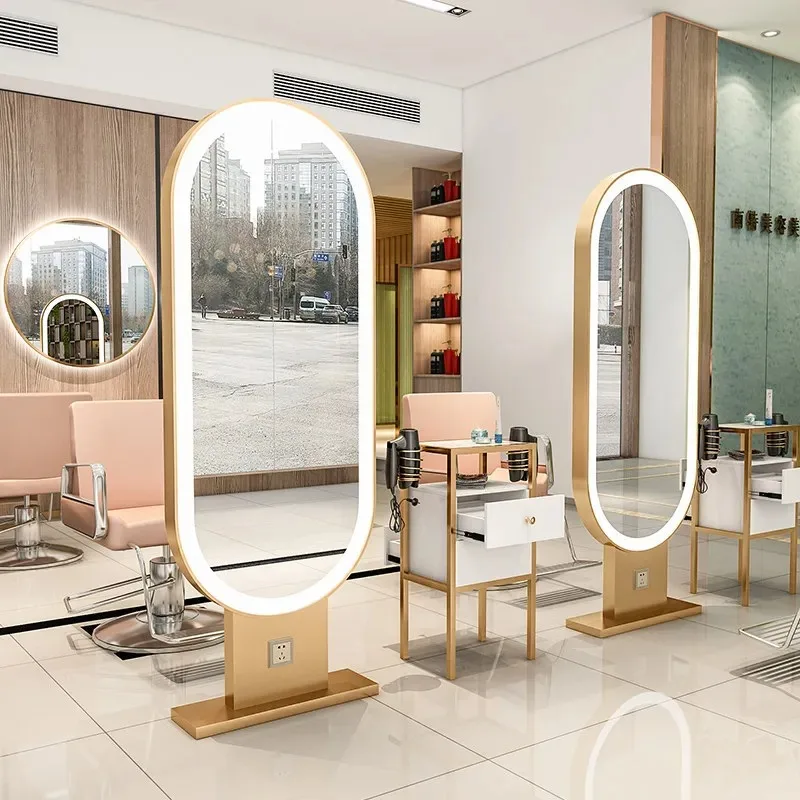 

2026 Trendy Hair Salon Floor Standing Double Sided Mirror Station With Lights Professional Barber Stylist Haircut Vanity Mirror