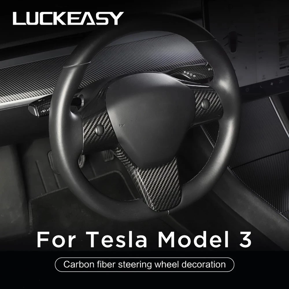 LUCKEASY For Tesla Model 3 Model Y Carbon Fiber Steering Wheel Patch Model3 2023 Real Carbon Fiber Interior Modified Accessories