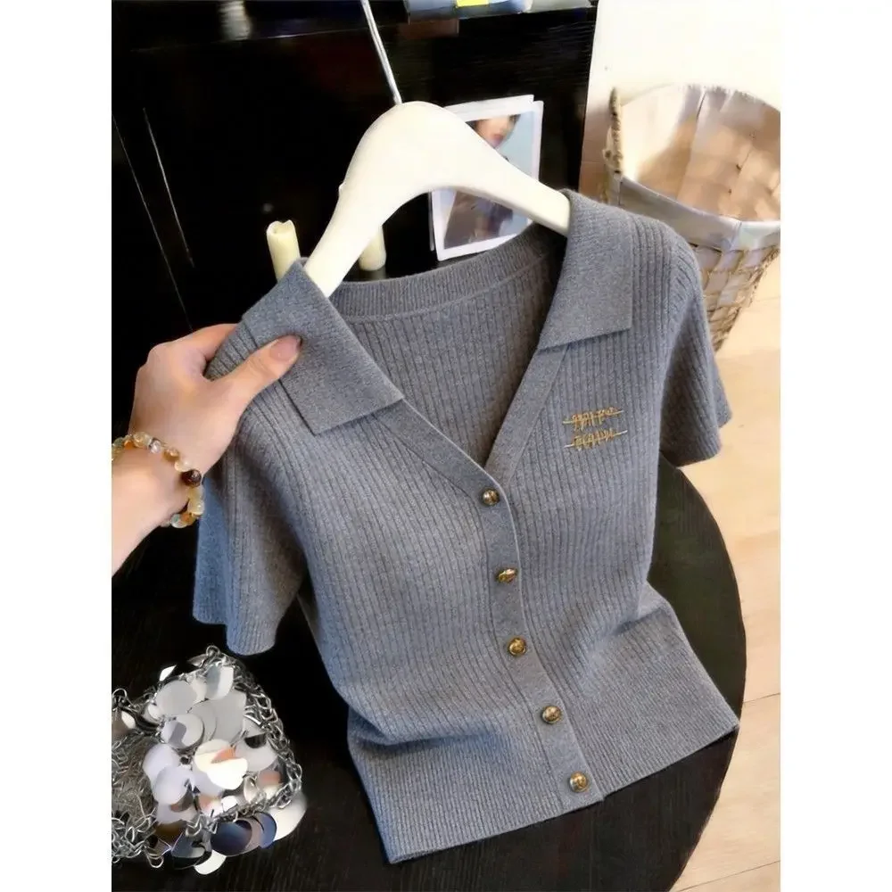 80-200 lbs Passend für Ice Silk Gestreiftes Poloshirt Damen Sommer Slim Fit T-Shirt Goldbesticktes Ein-Knopf-Oberteil Stylische Strickware – Detail 10