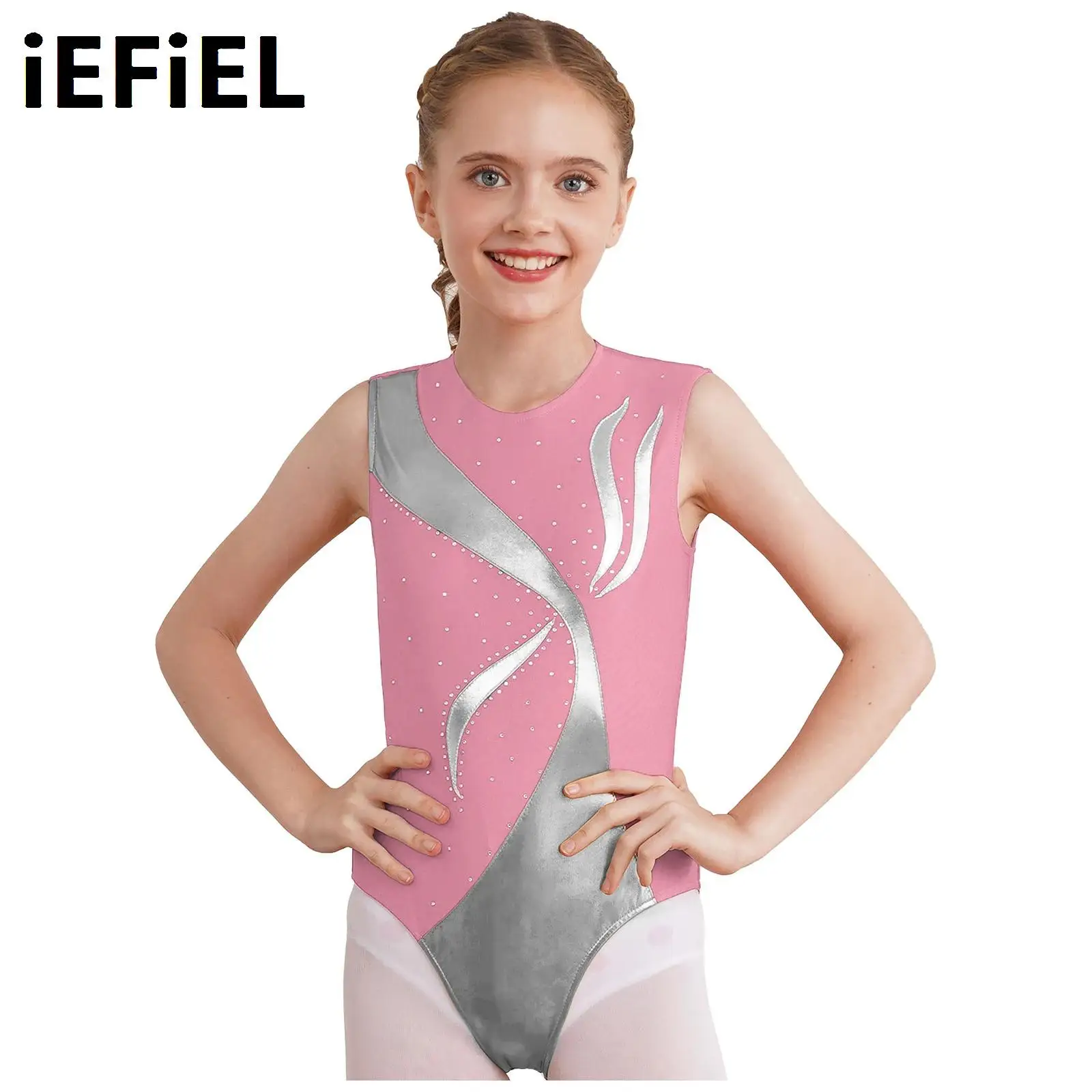 

Kids Girls Ballet Leotard Metallic Shiny Patchwork Rhinestones Keyhole Back Sleeveless Performance Bodysuit