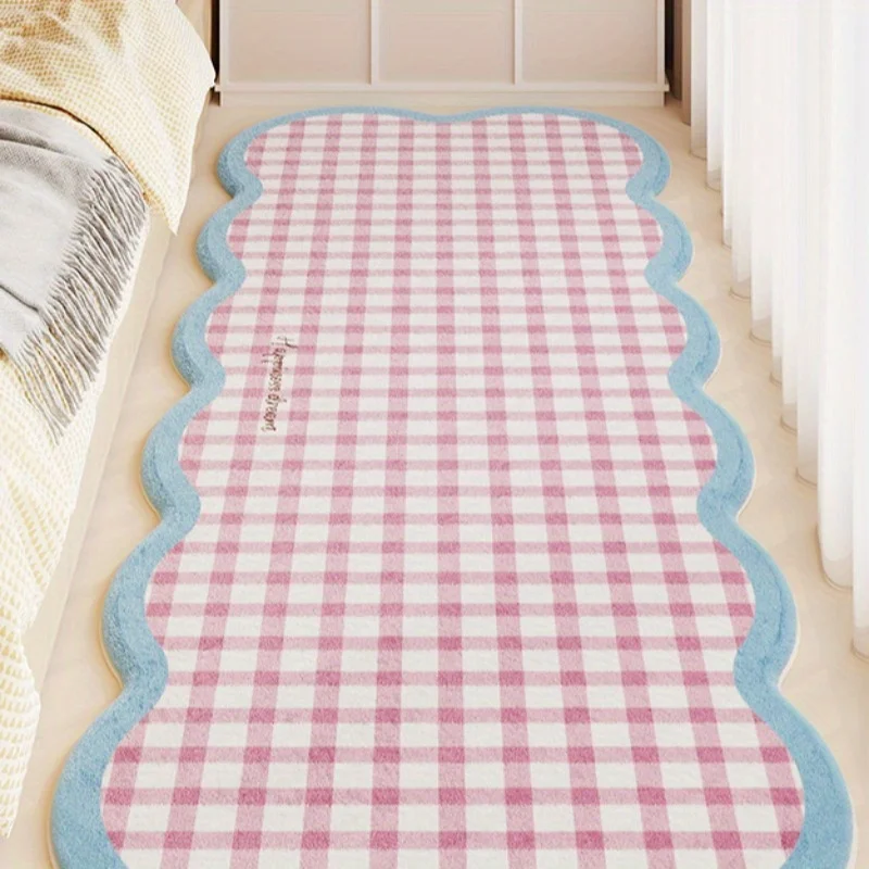 VIKAMA Irregular Shape Modern Cream-Colored Checkered Carpet Bedroom Carpet Bedside Rug Bay Window Pad Home Decor
