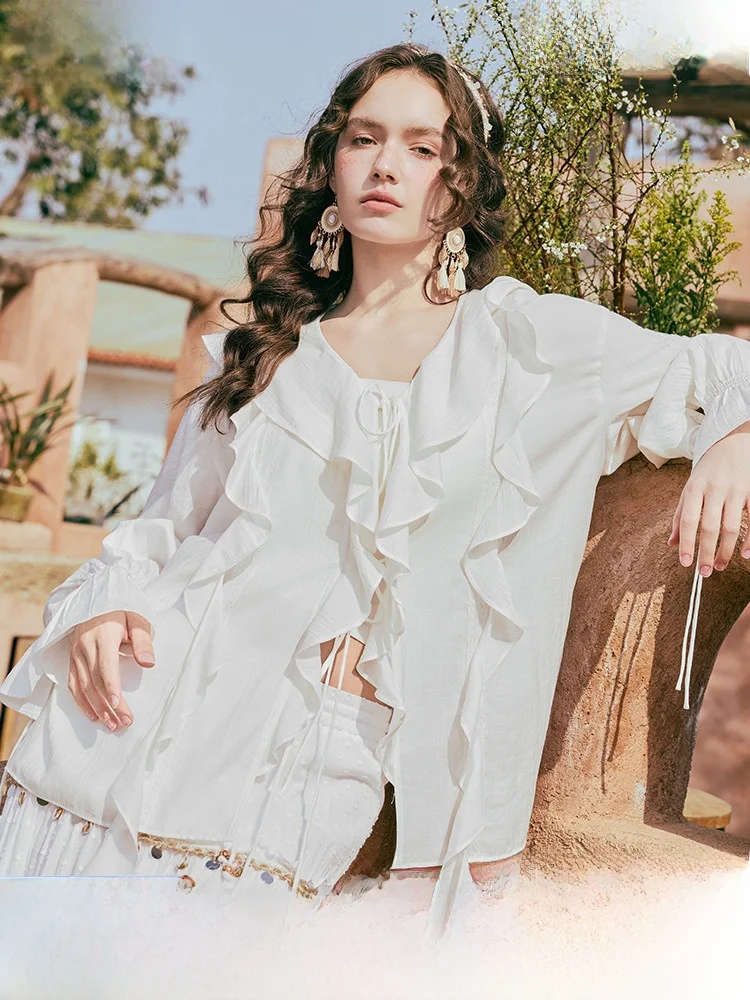 

Свободная женская шифоновая блузка с французским воротником, завязками на талии, длинными рукавами и кружевным воротником, летняя новинка, комплект из двух предметов