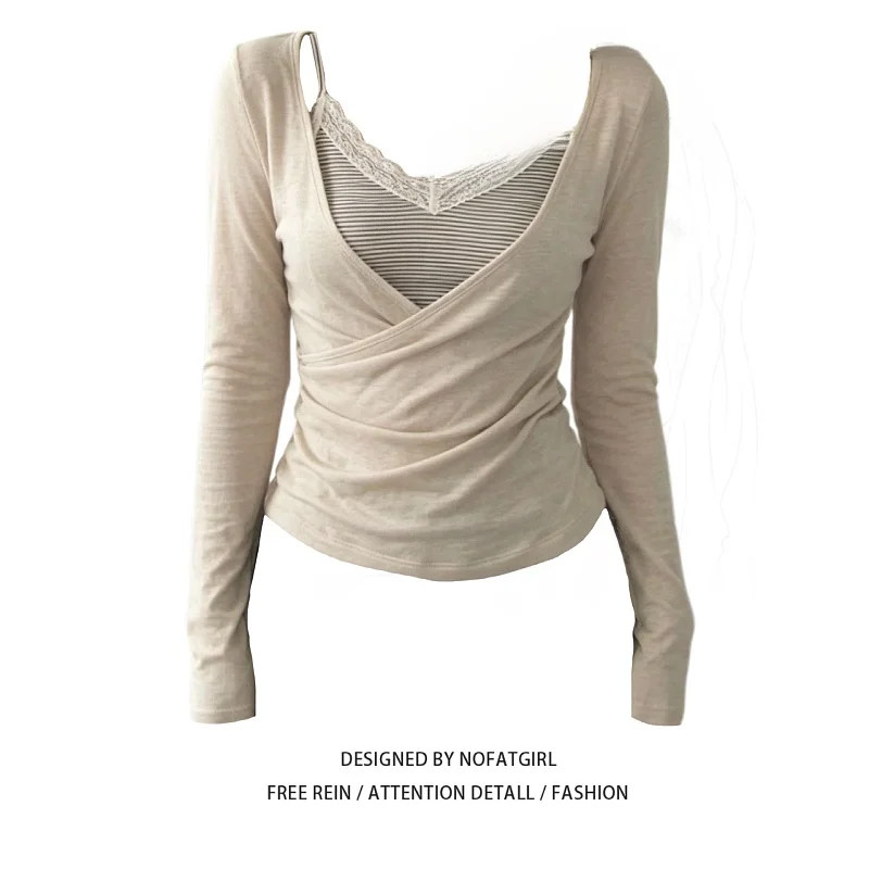plus Size Women's T-Shirt Lace Splice V-Neck Top Early Autumn Sexy Layering with Lace Trim Two-Piece Set Casual Versatile Wear