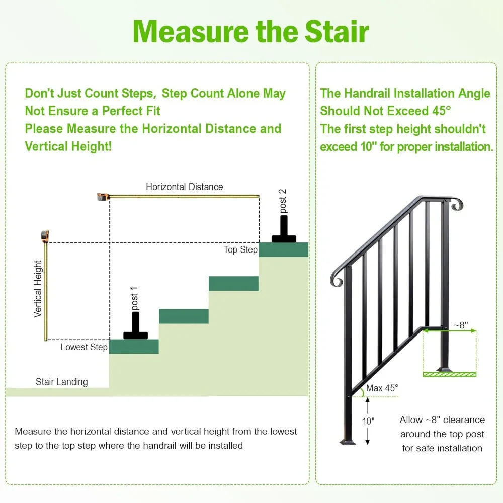 Outdoor Wrought Iron Stair Railing for 3-4 Steps, Metal Handrail with Installation Kit