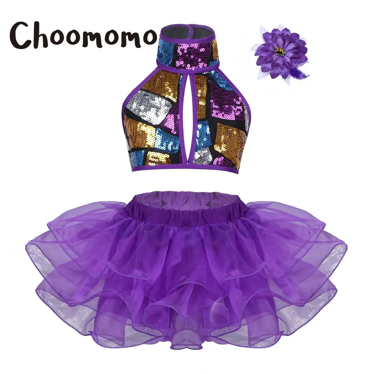 

Girls Glitter Sequins Halter Ballet Tutu Dress Strappy Crop Top with Skirt Flower Hair Clip Suit Jazz Dance Performance Costume