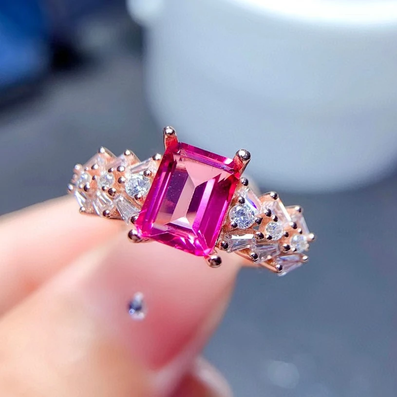 VVS Grade Pink Topaz Ring 1ct 6mm*8mm Natural Topaz Silver Ring for Daily Wear 925 Silver Crystal Jewelry with Gold Plating