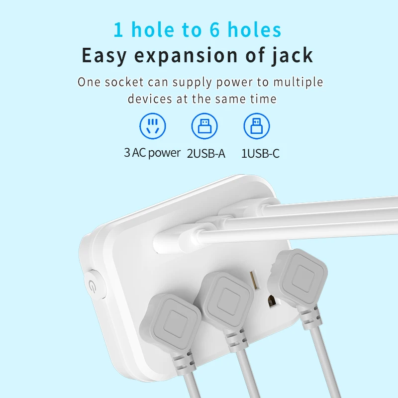 Plugue de parede econômico e poderoso em tomada de energia 6 em 1, 3 saídas de energia, 2 USB-A e 1 tipo C
