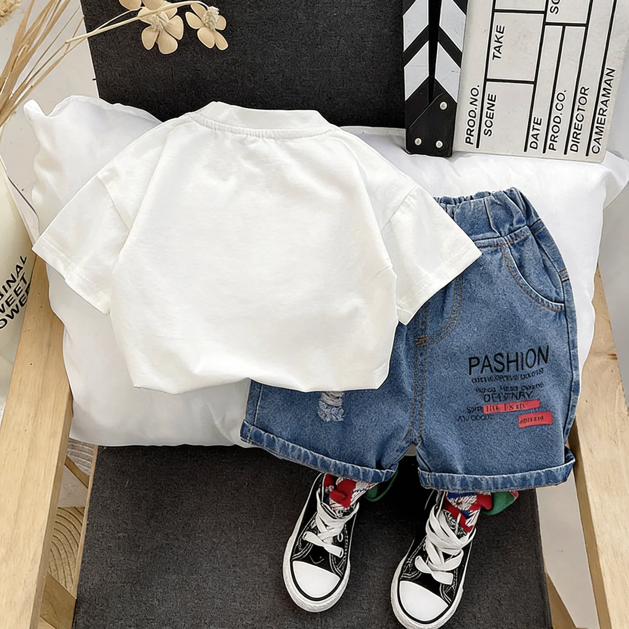 Infant Boys Daily Summer Clothes Set Retro Letter Embroidery Short Sleeve Top Elastic High Waist Ripped Denim Shorts Suit