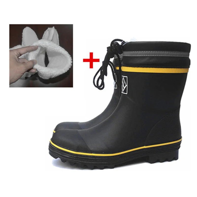 Black Winter Rubber Safety Fishing Boots Men Steel Toe Steel Sole Rain Boots Anti-stabbing Gumboots  and Anti-smashing Galoshes