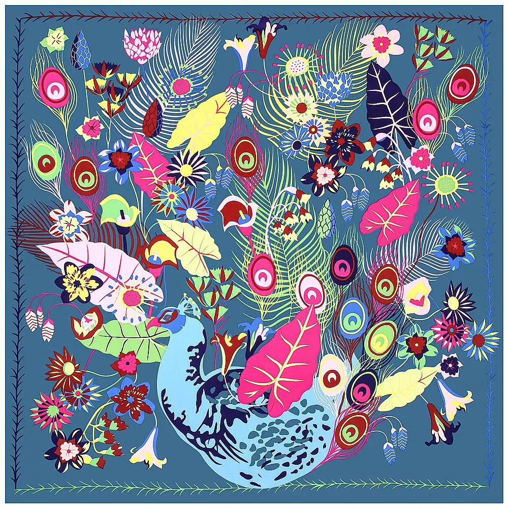 130cm Silk Scarf 2022 New Brand Square Scarf Fashion Pashmina Design Peacock Feather Women Shawl Bandana Kerchief Scarves