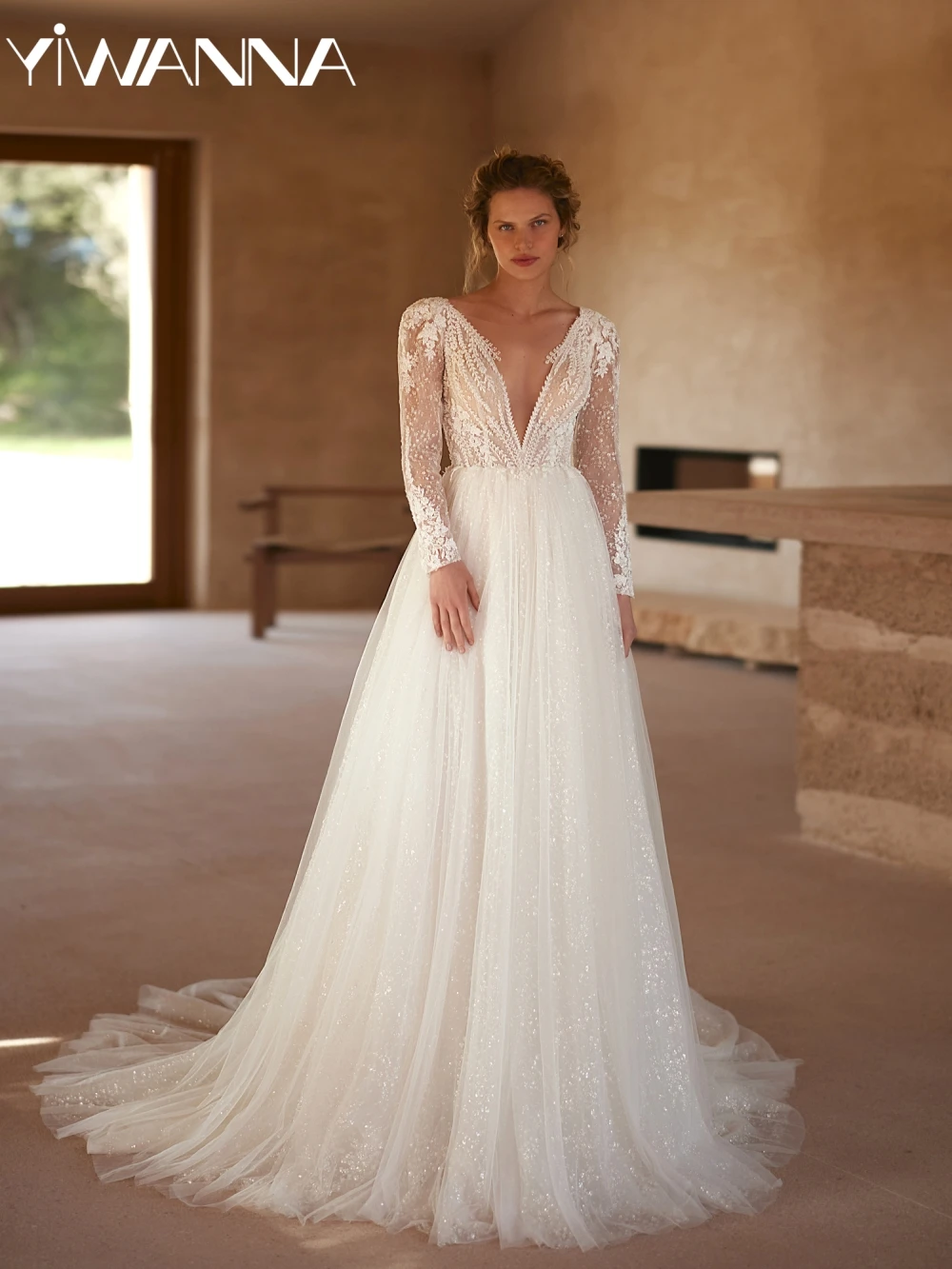 

Glitter Beaded A-line Tulle Long Wedding Dress Illusion Deep V-neck Bridal Gown Customized Lace Appliques Dresses For Bride