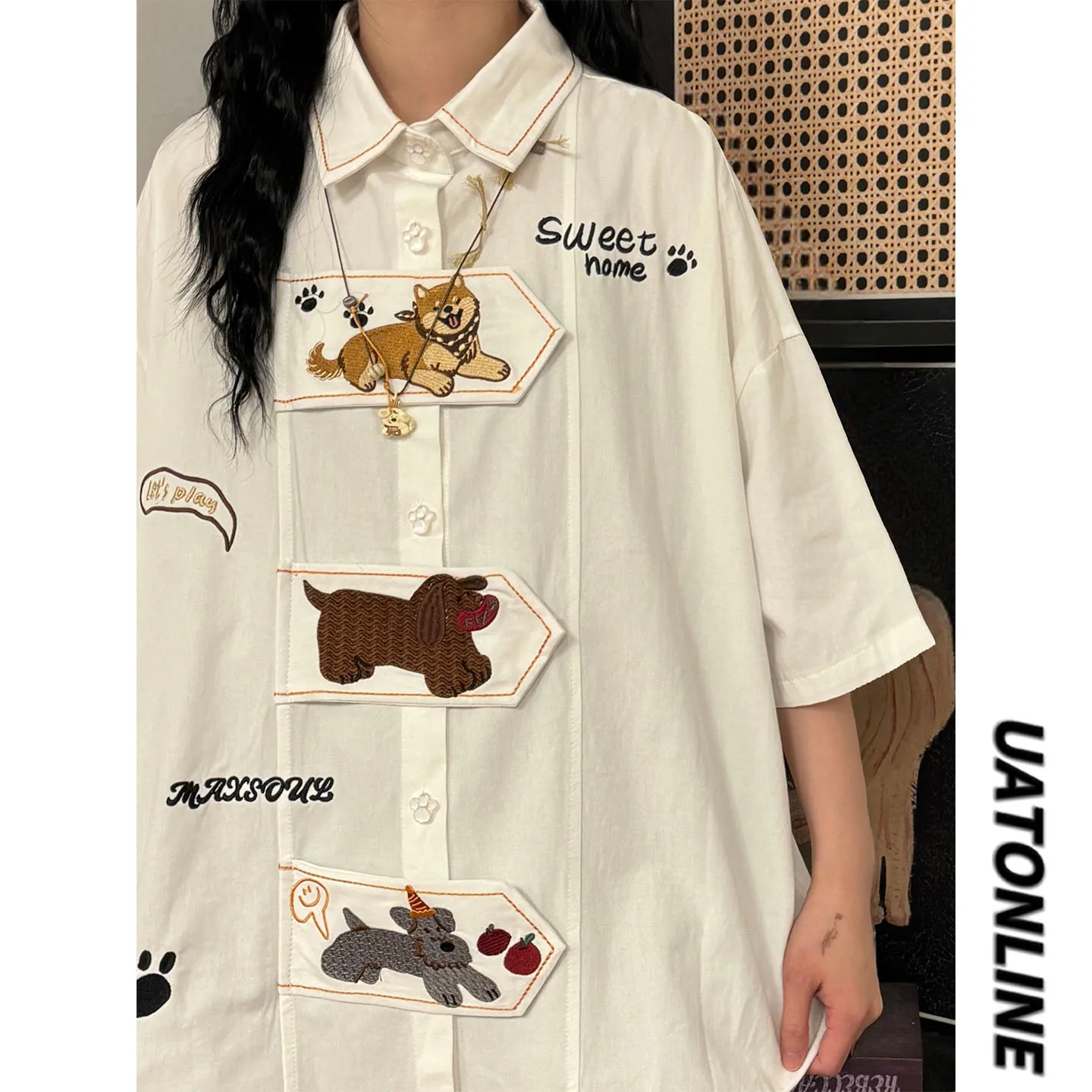 

Cute Little Dog Embroidery Short Sleeve Shirt Women's Summer Fashion Brand Street Style Loose Fit Breathable Casual Top