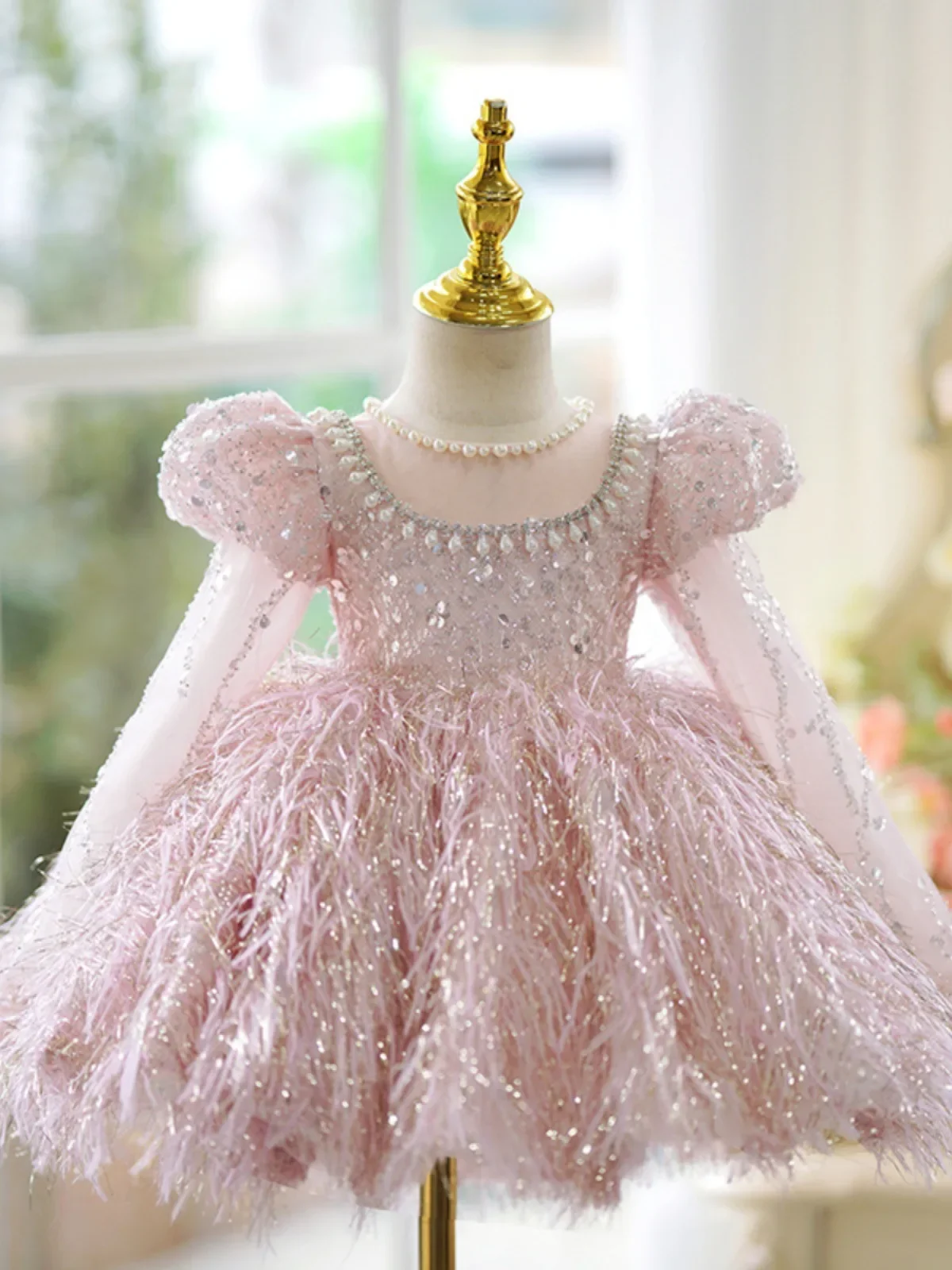 

Flower Girl DressesMini Baby Flower Girl Dresses Sequin Beaded Bow Feather Wedding Party Birthday Long Sleeve Tiered Robe Holy C