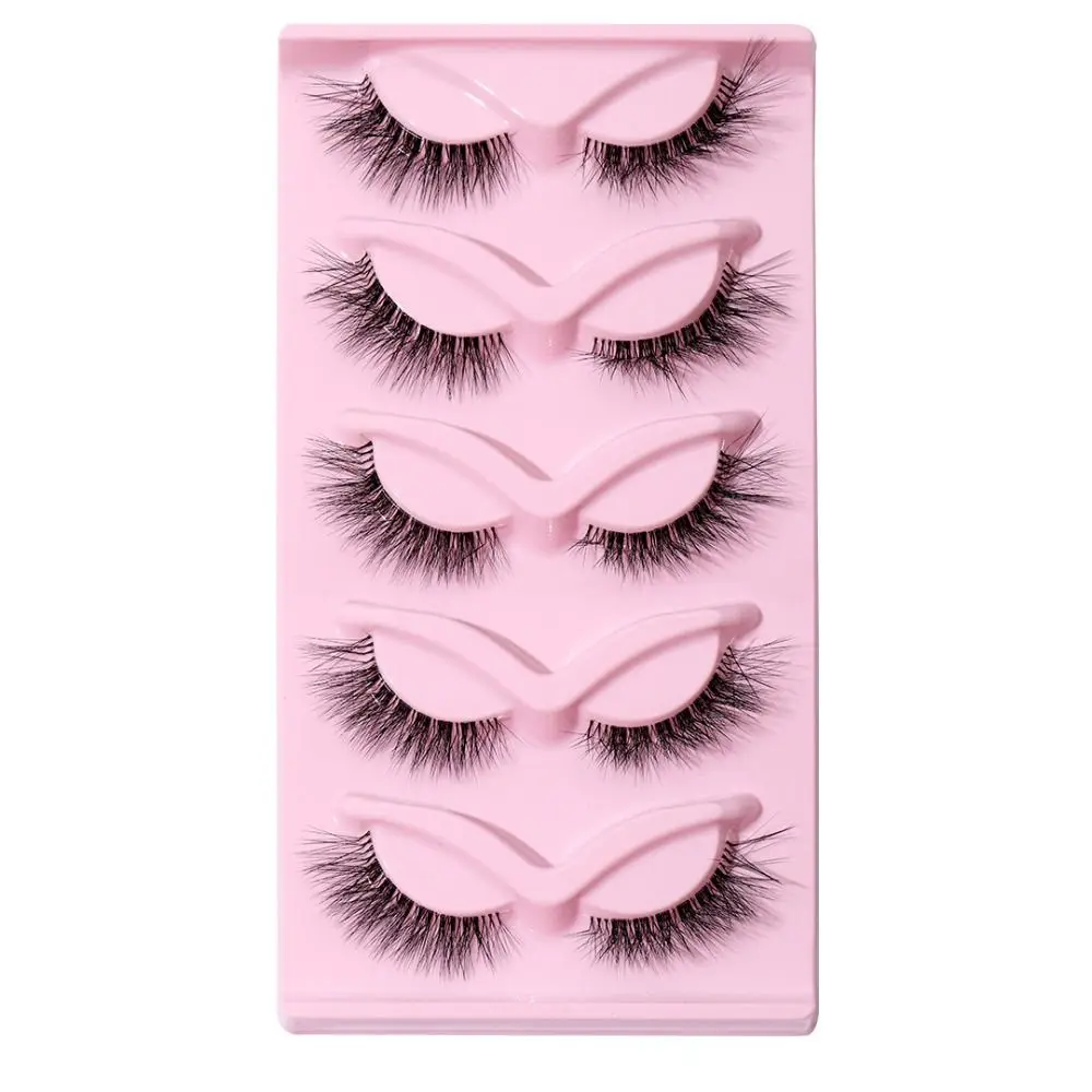 5 Pair 3D L Curl False Eyelashes Full Strip Eye Tail Lengthening Cat Eye Fake Lashes Wispy Clear Stem Faux Mink Lashes