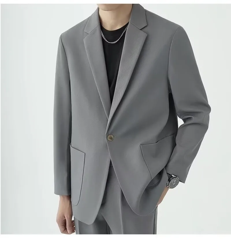 Herren Locker Sitzender Freizeitanzug 2-teiliges Set Hochwertig Fallender Einfarbiger Blazer Gerade Hose Elegantes Business-Büro-Outfit Tägliche Kleidung Formeller Anzug – Detail 5