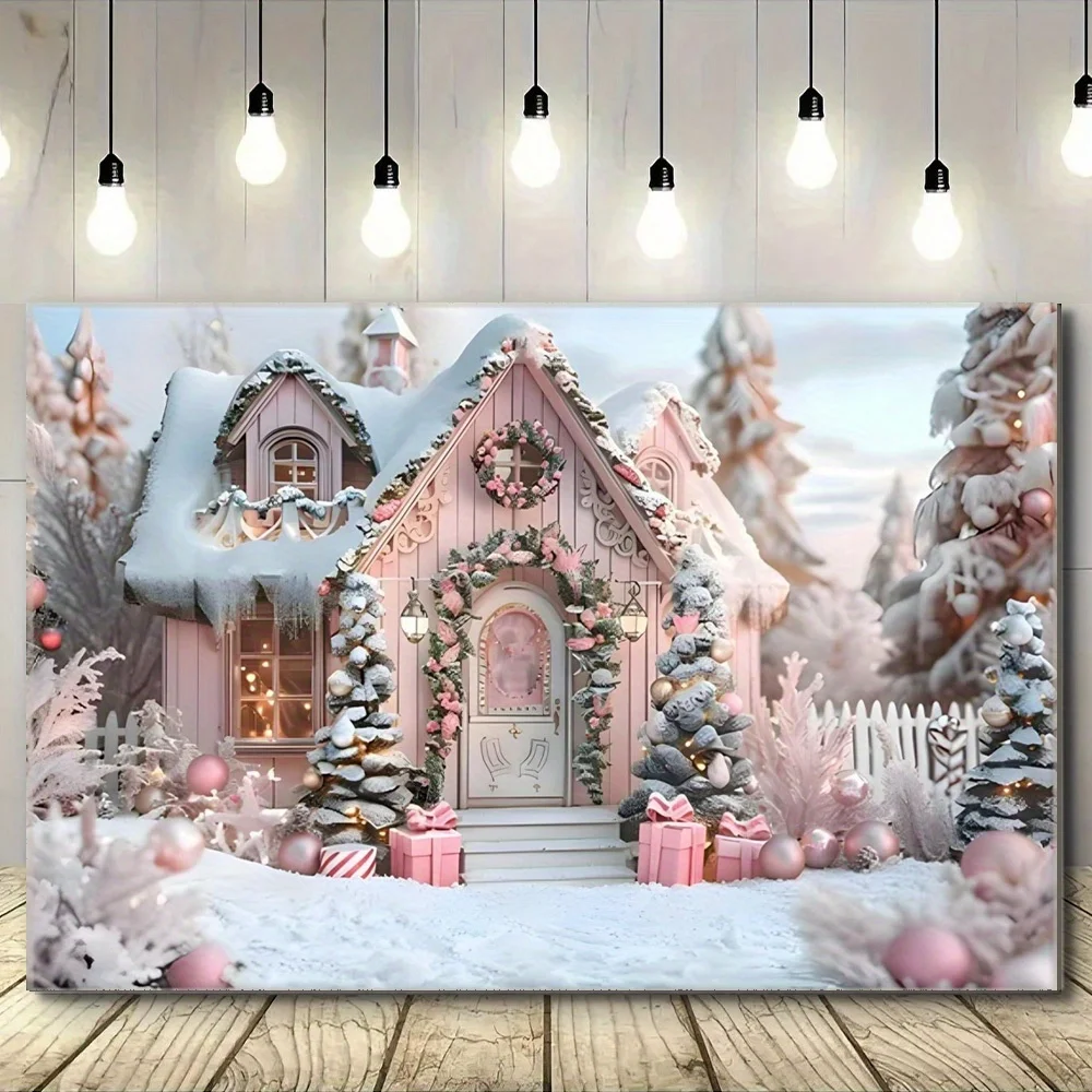 tapestry Cheap Wooden Framed Canvas Painting, Pink Christmas Cabin Background Cloth, Cozy Christmas Cabin, Winter Tree And