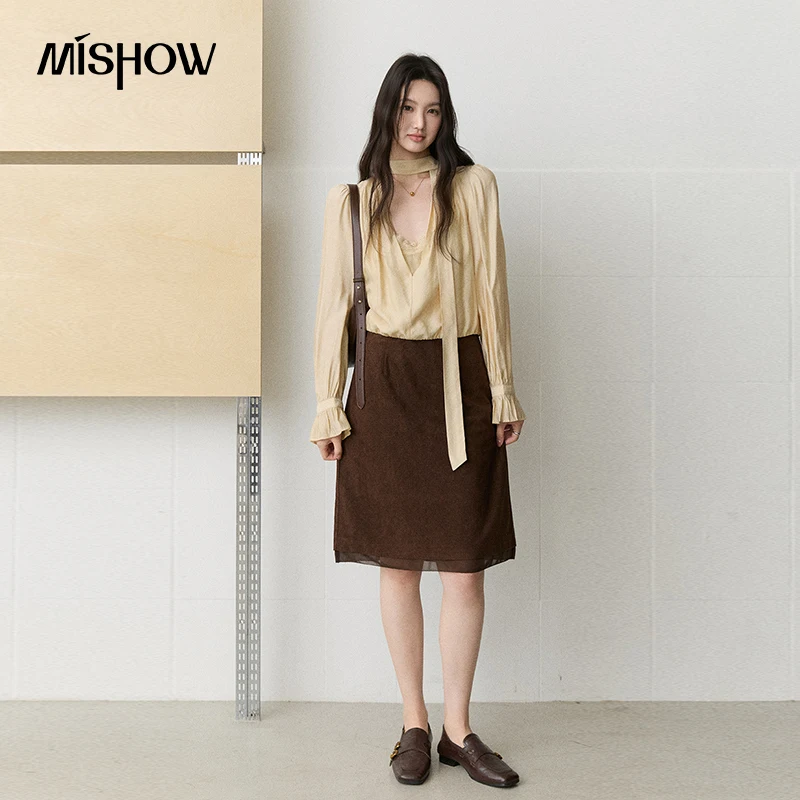 MISHOW Fake Two‑Piece Blouse 2026 Autumn Neck Tie Ribbon Lace Patchwork Flare Sleeve High Waist Elegant Commuter Tops MXF43X2784