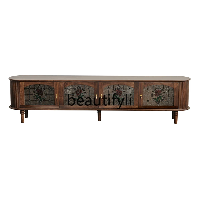 Black walnut solid wood TV cabinet Nordic retro stained glass TV cabinet