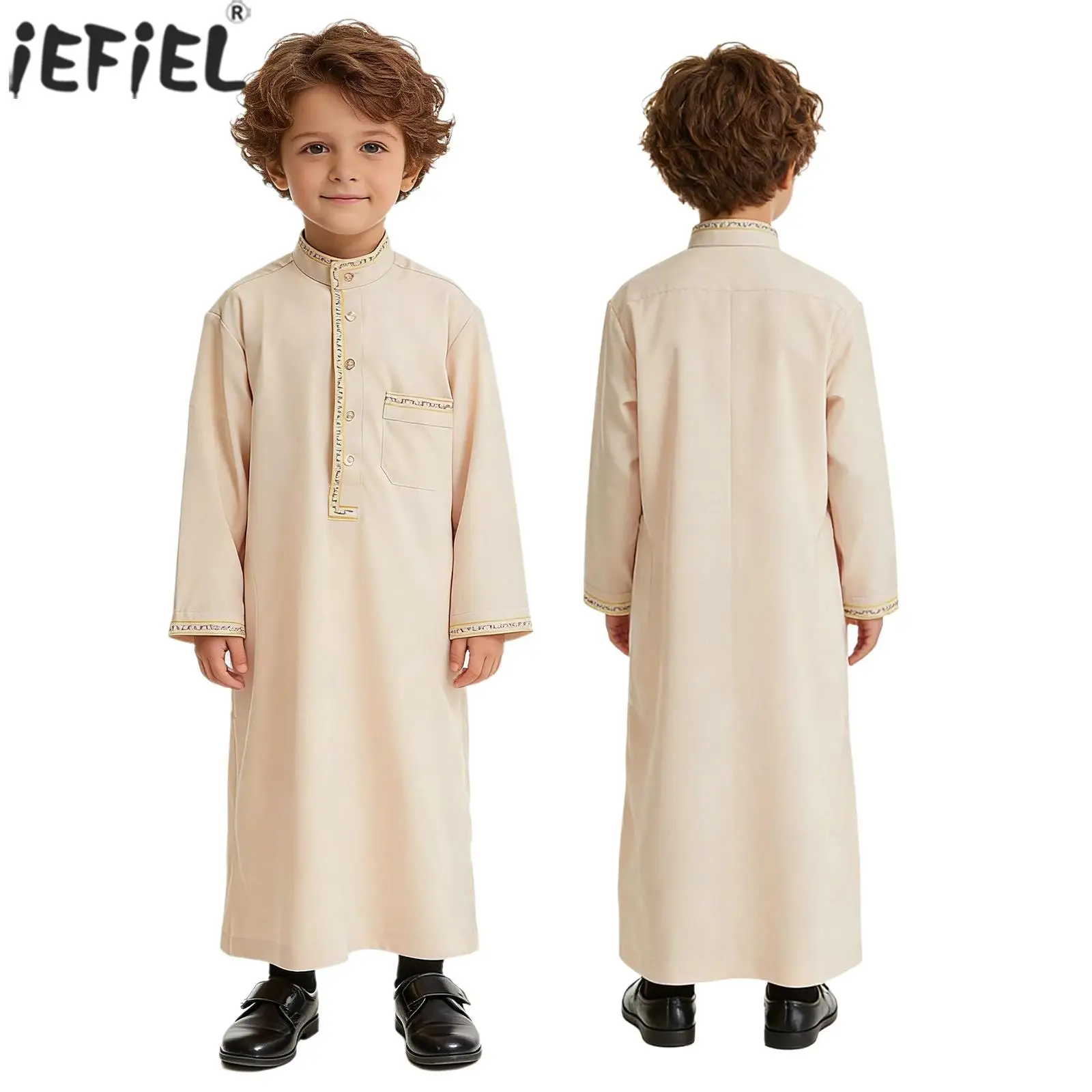 

Детская мусульманская абайя-роба для мальчиков, арабский стиль Дубай, Ближний Восток, ислам, Рамадан, Ид, кафтан, тоб, платье с длинным рукавом на пуговицах и карманом
