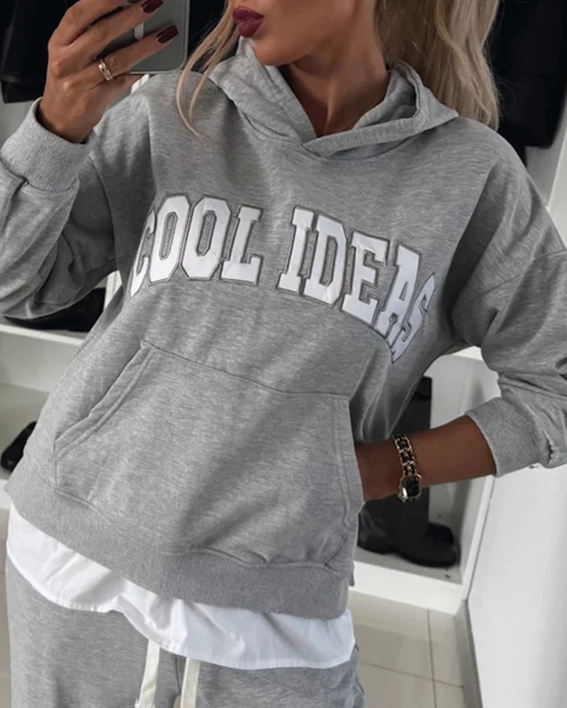 Women's two-piece letter printed hooded long sleeved straight leg sweatshirt set with pockets, fashionable casual set