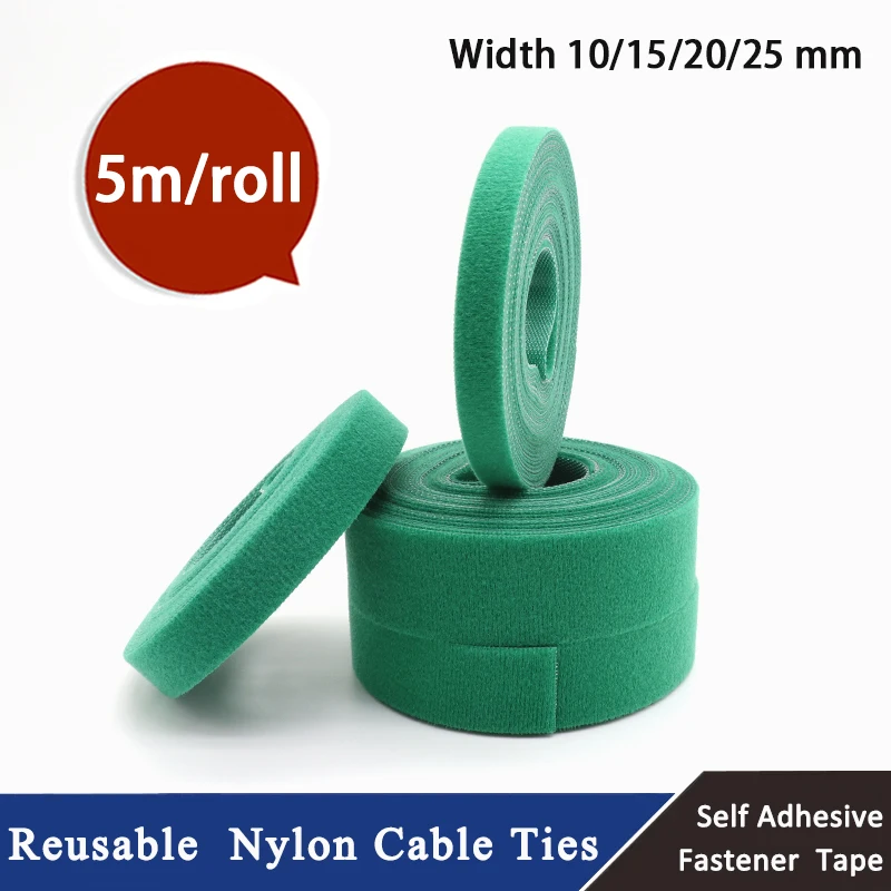 5m/roll Cable Ties Reusable Loop Bundle Self Adhesive Green Nylon Strap Organizer Clip Wire Holder Management Fastening Tape