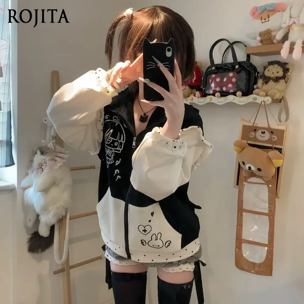 Kawaii Bunny Ear Hooded Zip‑Up Jacket Women Cartoon Girl Print Polka Dot Ruffle Long Sleeve Loose Harajuku Hoodie Coat
