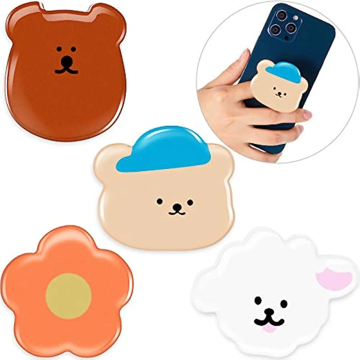 4 Pieces Collapsible Phone Grip Cartoon Mobile Phone Grip Holder Collapsible Expanding Grip Phone Stand Bear Style Finger Holder