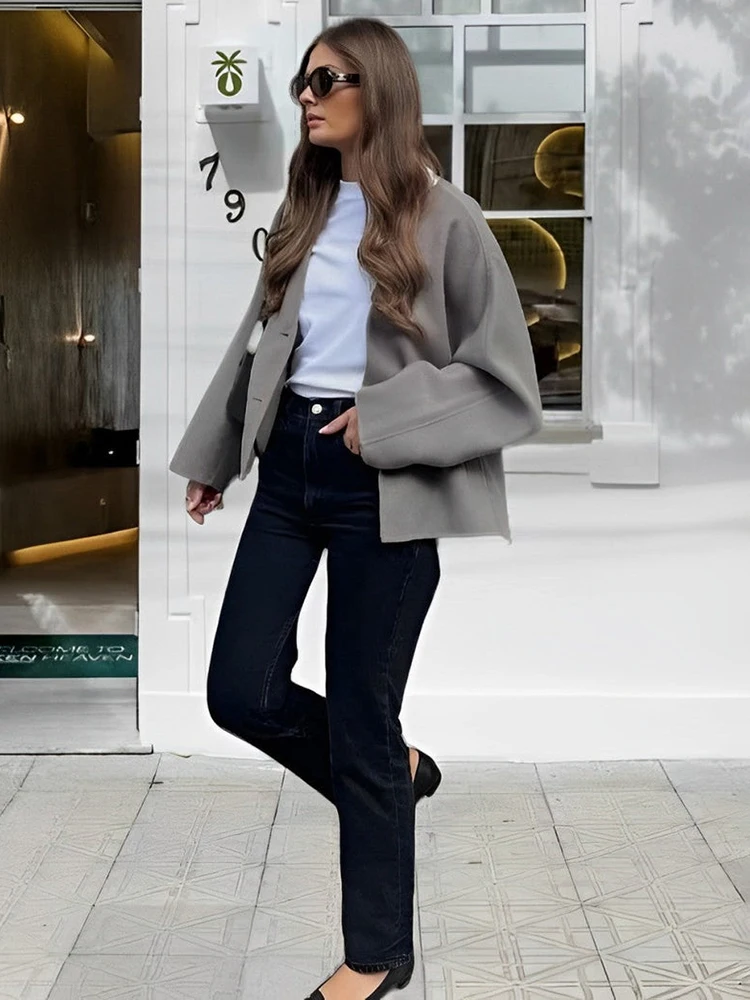 TARUXY New Woolen Short Jackets Coat For Women V Neck Fashion Long Sleeve Outwear Button Pockets 2024 Autumn Office Lady Coat