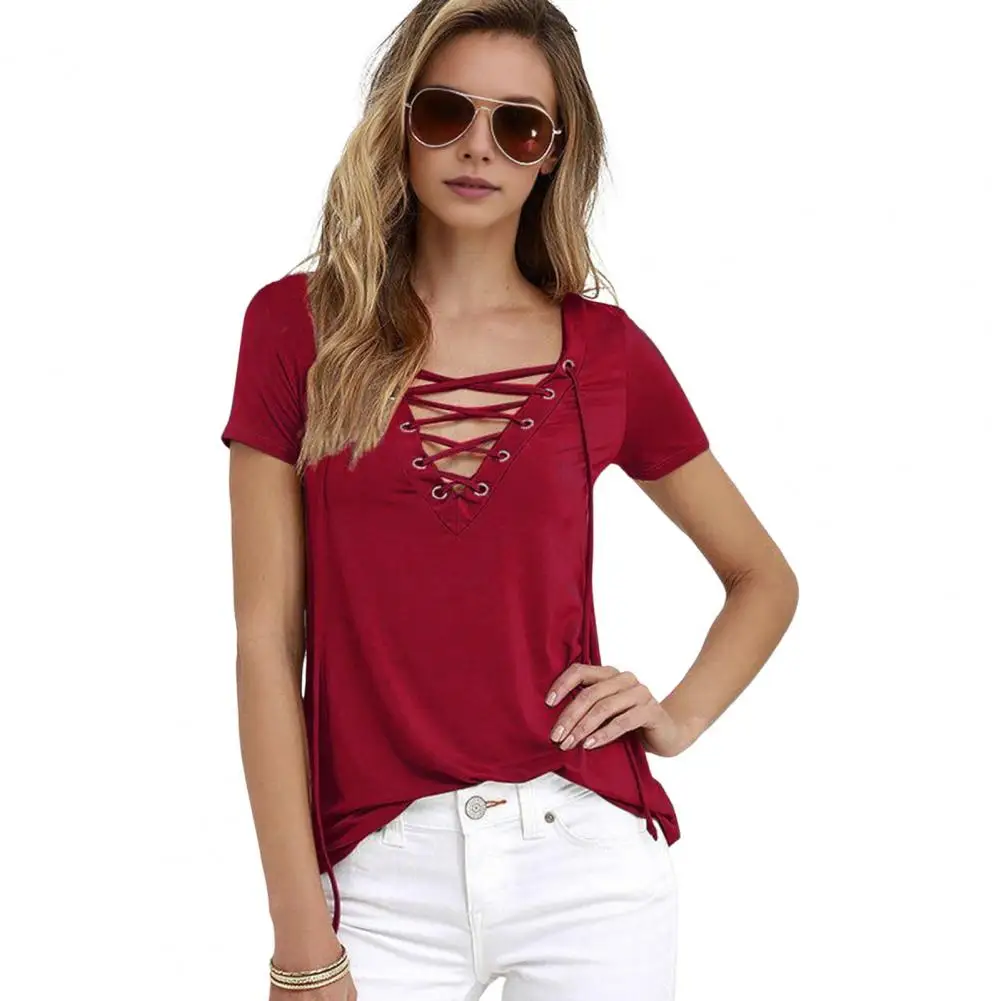 Women Tee with Tie Neckline Stylish V-neck Women's Tops with Tie Design for Summer Daily Wear Slim Fit Tee Shirt Solid Color