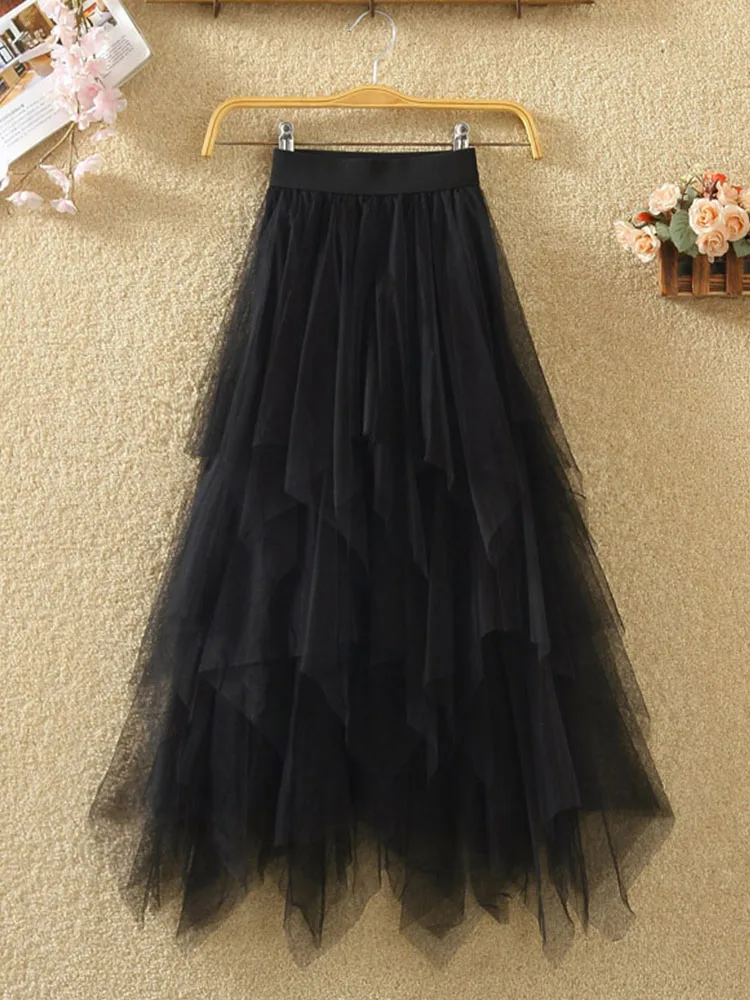 Women irregular Tulle Skirts Fashion Elastic High Waist Mesh Tutu Skirt Pleated Long Skirts Midi Skirt Saias Faldas Jupe Femmle