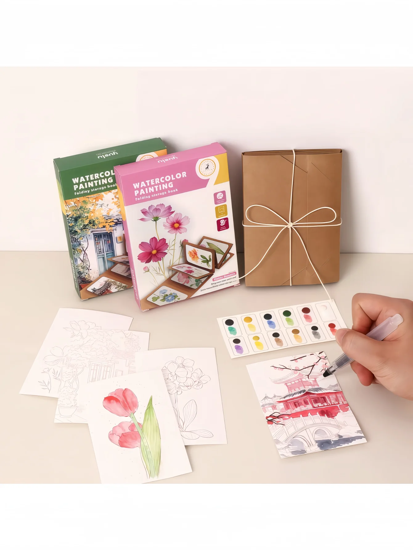 Foldable Watercolor Paint Set with Thick Kraft Paper, 12 Colors Solid Paints, Exquisite Foldable Storage for Watercolor Painting